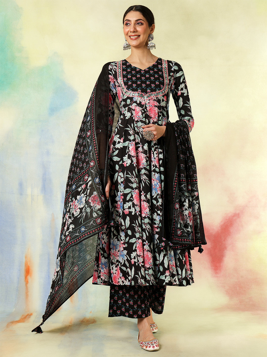 Black Cotton Calf Length Printed & Embroidered Flared 3/4 Sleeves Sweet Heart Neck Kurta Suit Set