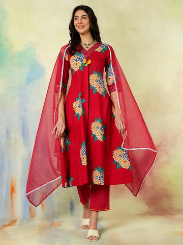 Red Rayon Calf Length Printed A-Line  3/4 Sleeves V-Neck Kurta Suit Set