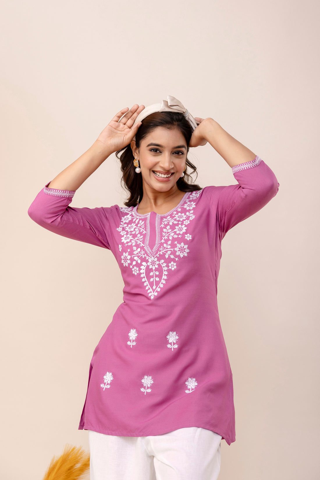 Lavender Rayon Hip Length Round Neck A-Line Top