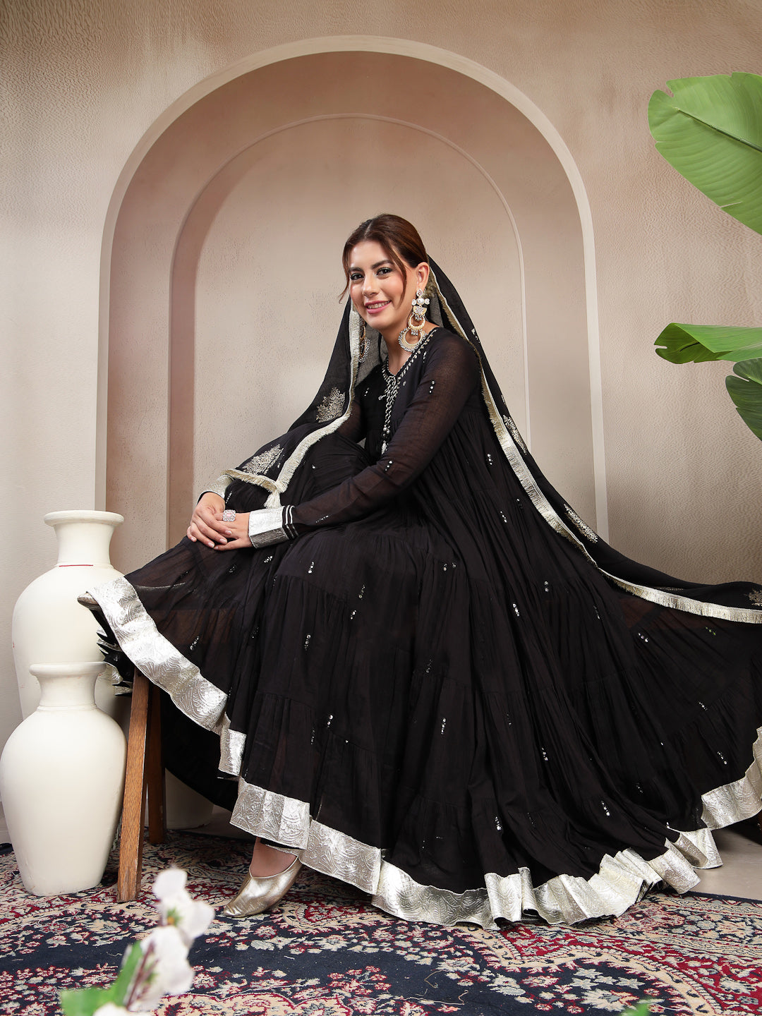Black Malmal Calf Length Solid Full Sleeve Key Hole Neck Anarkali Kurta Suit Set