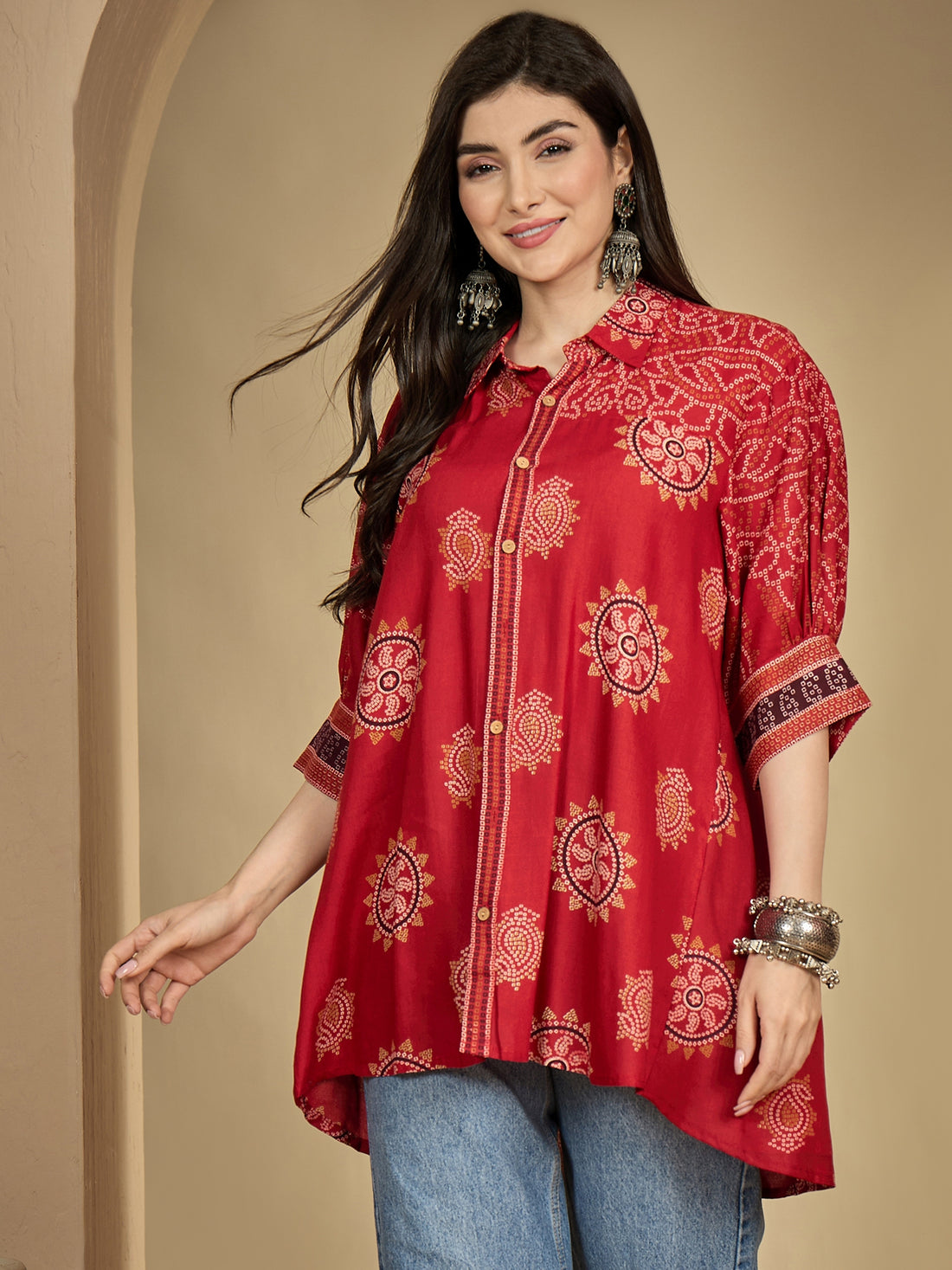 Red Rayon Hip Length Printed 3/4 Sleeve Shirt Collar Flared Top