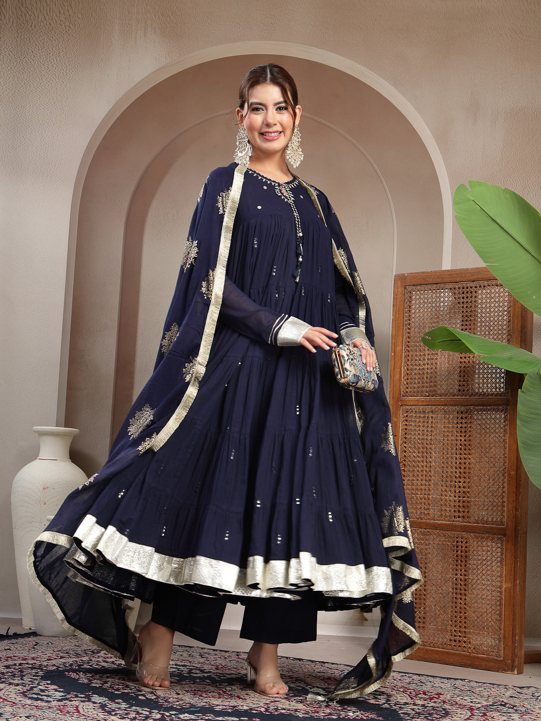 Navy Blue Malmal Calf Length Solid Full Sleeve Key Hole Neck Anarkali Kurta Suit Set