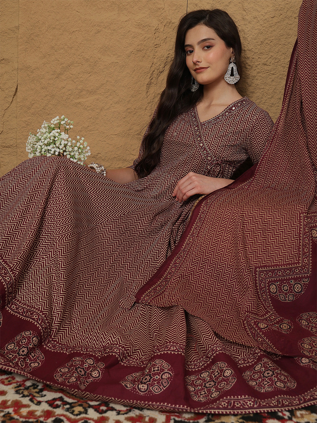 Wine Cotton Calf Length Printed 3/4 Sleeves V-Neck Anarkali Kurta Suit Set