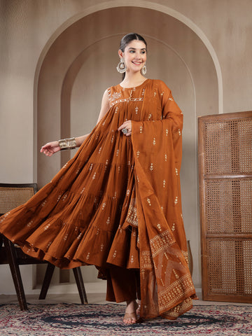 Brown Cotton Calf Length Printed Sleeveless Round Neck Flared Kurta Suit Set