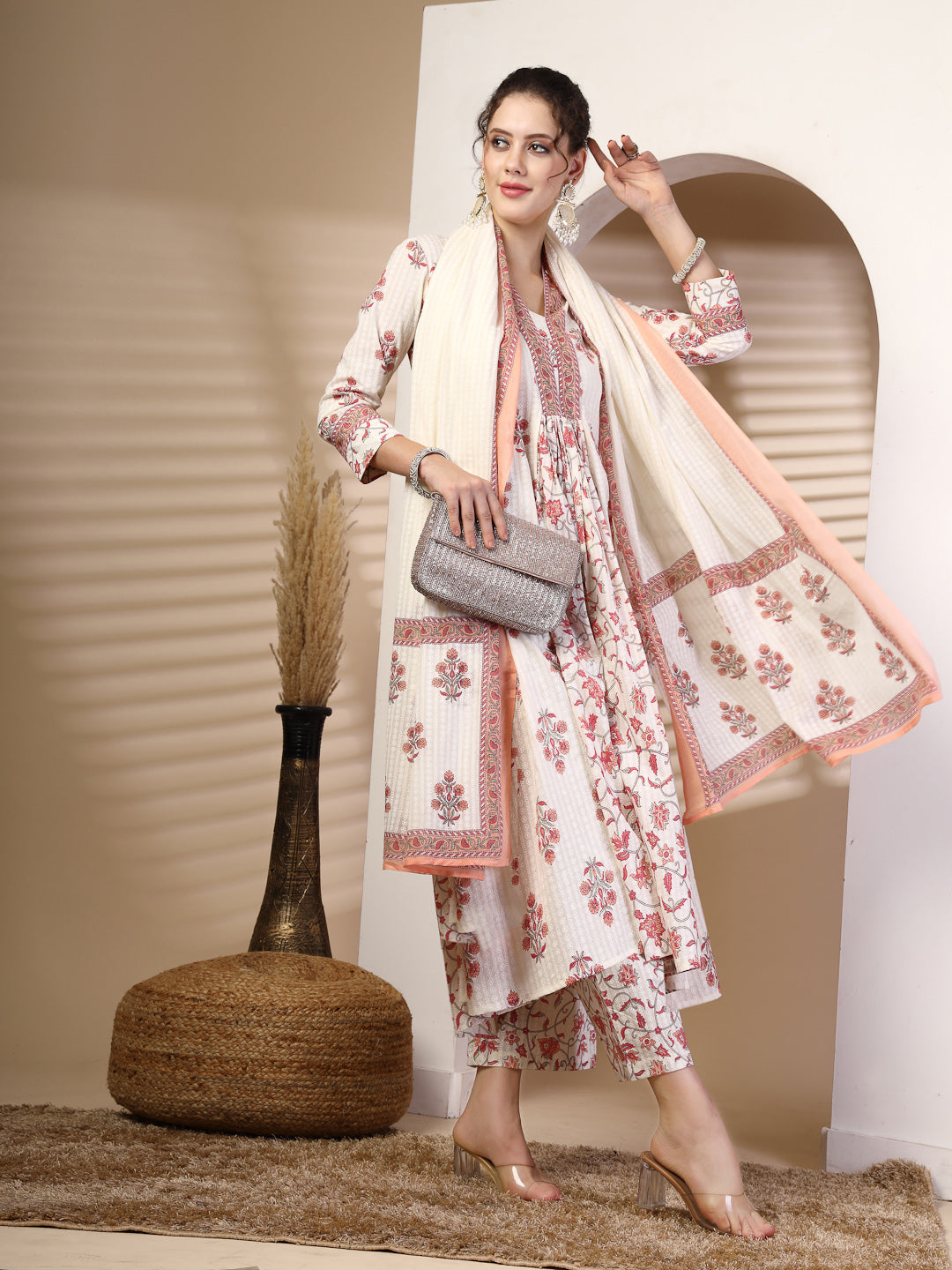 Peach Cotton Calf Length Printed Flared 3/4 Sleeves V Neck Kurta Suit Set