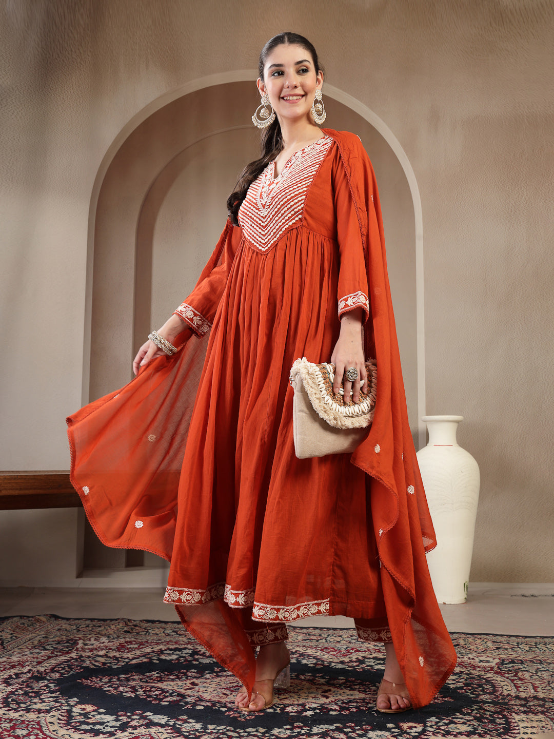 Rust Cotton Calf Length Solid 3/4 Sleeve Round Neck Flared Kurta Suit Set