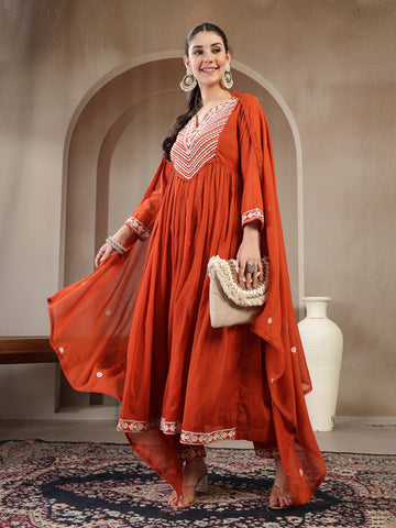Rust Cotton Calf Length Solid 3/4 Sleeve Round Neck Flared Kurta Suit Set
