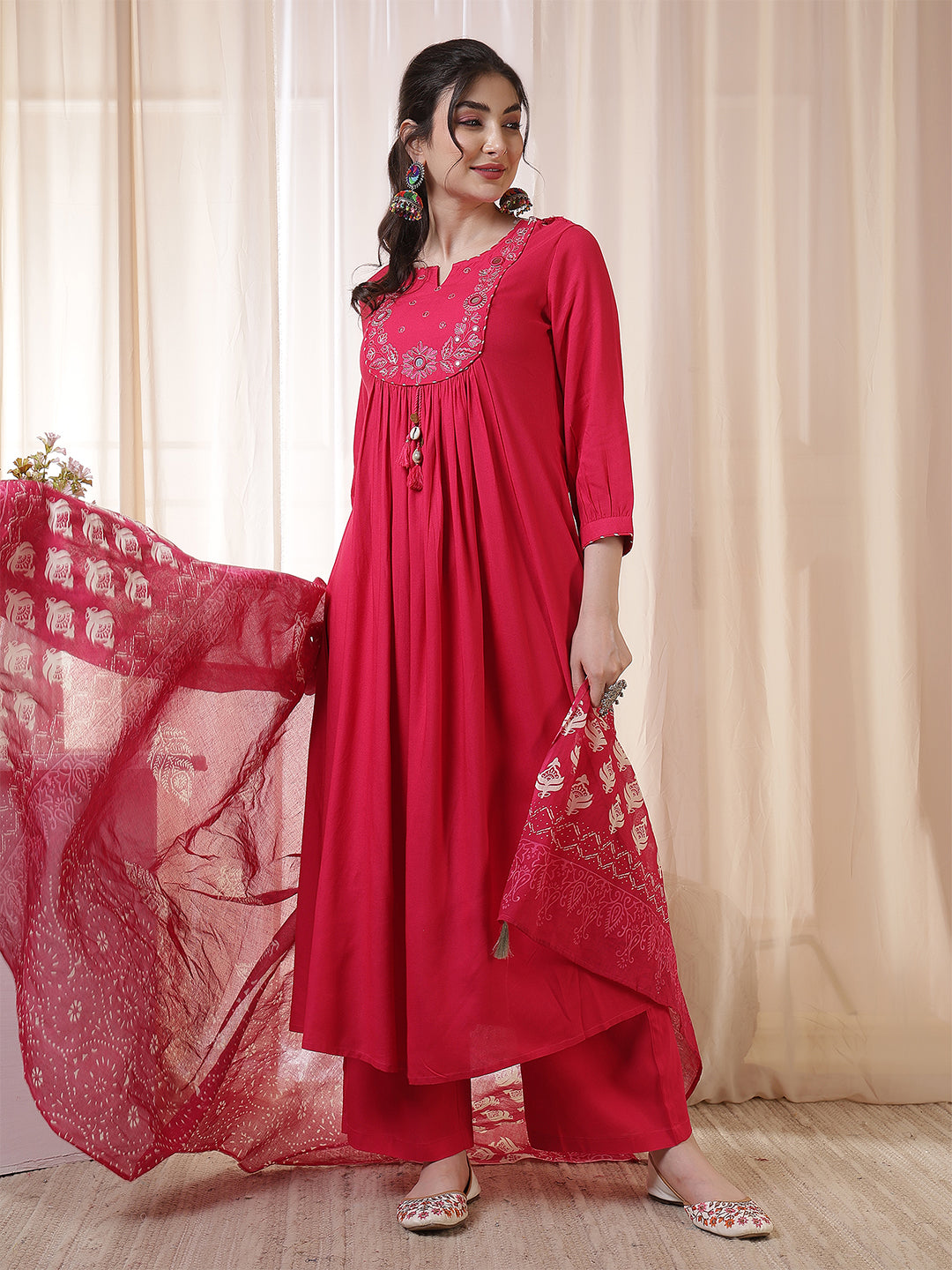 Rani Rayon Calf Length Solid 3/4 Sleeves Round Neck Flared Kurta Suit Set