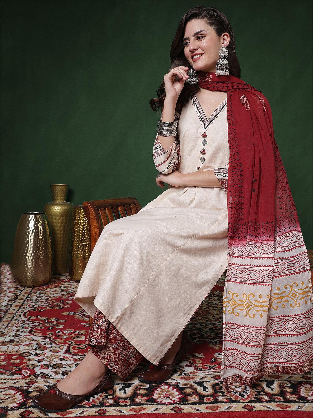 Cream Cotton Flex Calf Length Solid 3/4 Sleeves V-Neck Straight Kurta Suit Set