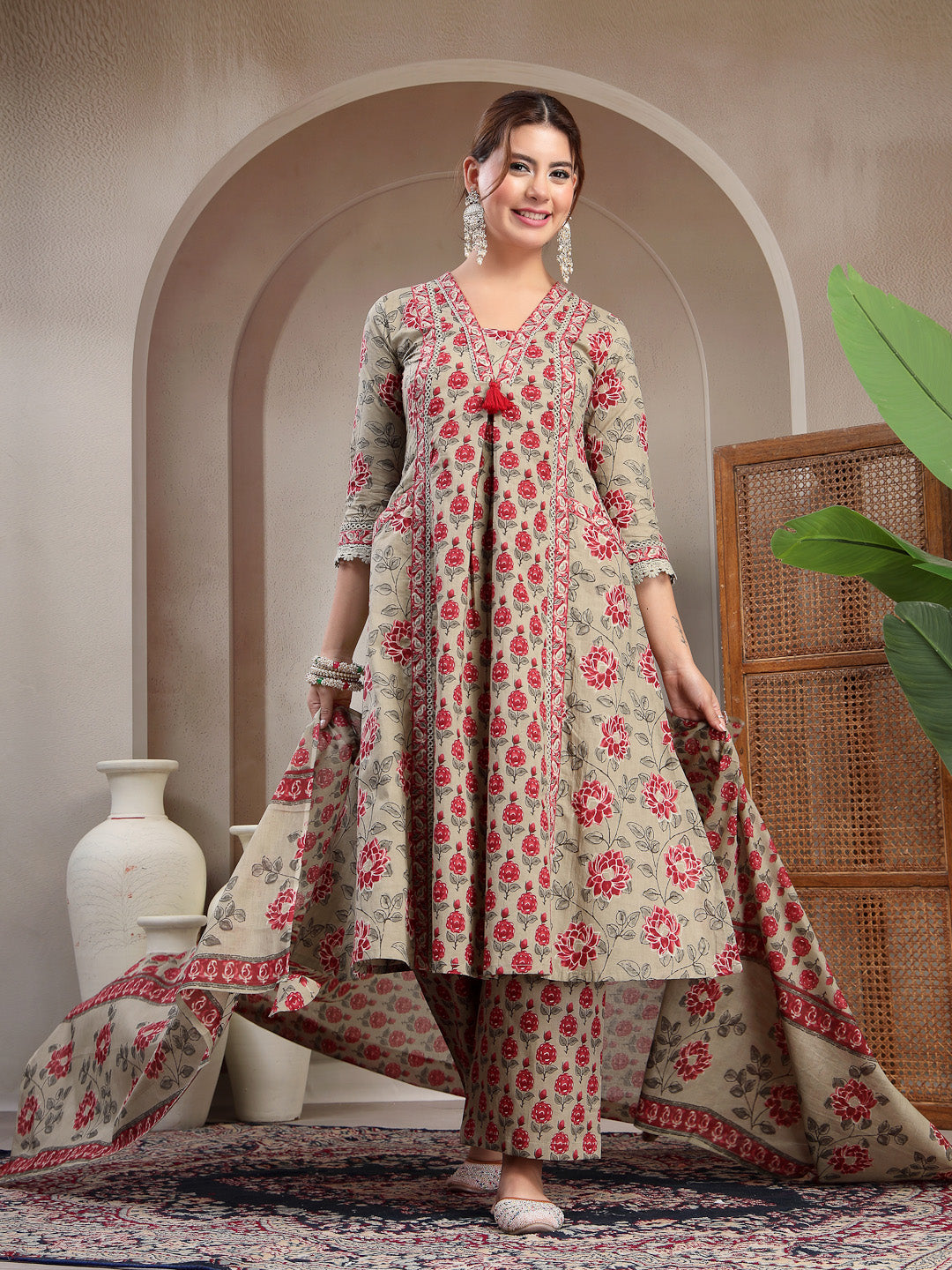 Kashish Cotton Calf Length Printed 3/4 Sleeve V-Neck A-Line Kurta Suit Set