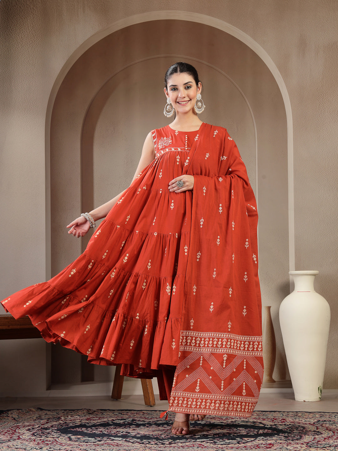 Rust Cotton Calf Length Printed Sleeveless Round Neck Flared Kurta Suit Set