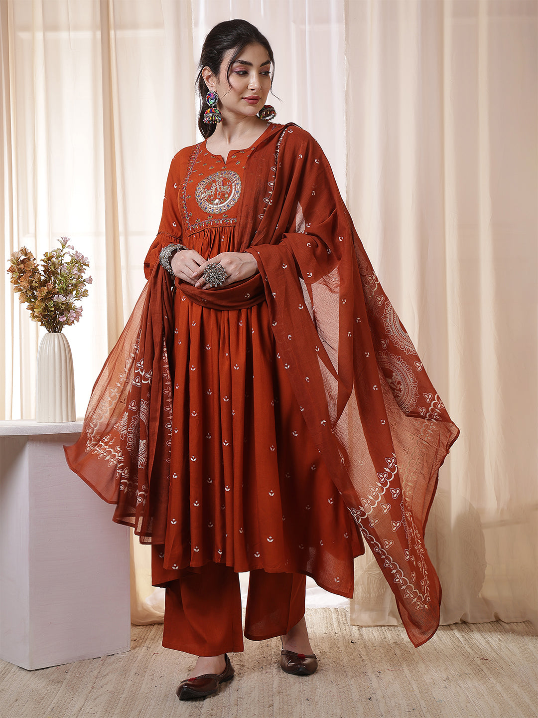 Rust Rayon Calf Length Printed 3/4 Sleeves Round Neck Flared Kurta Suit Set