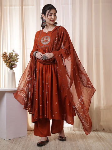 Rust Rayon Calf Length Printed 3/4 Sleeves Round Neck Flared Kurta Suit Set