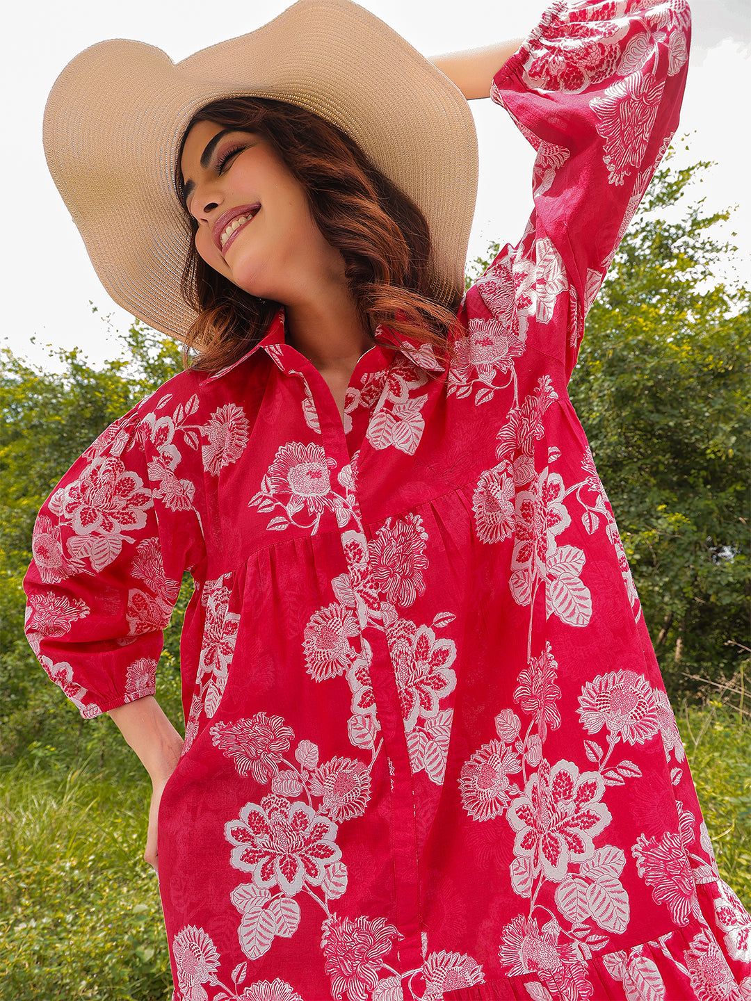 Pink Cotton Knee Length Printed 3/4 Sleeve Shirt Collar Flared Dress