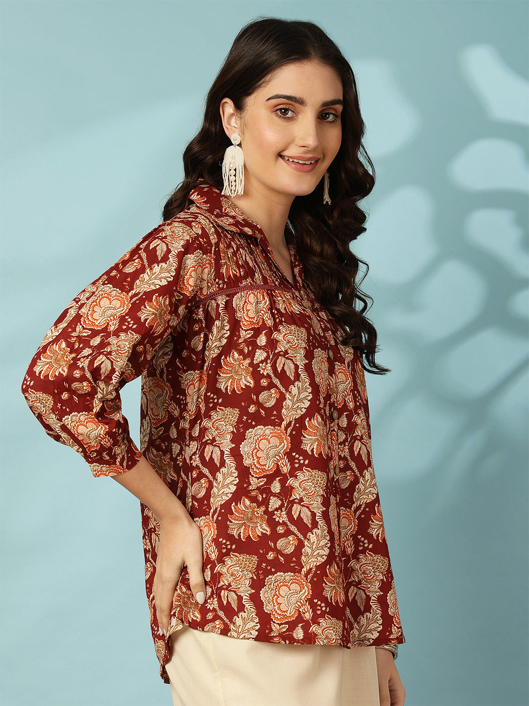 Maroon Women Printed 3/4 Sleeves Regular Pure Cotton Top