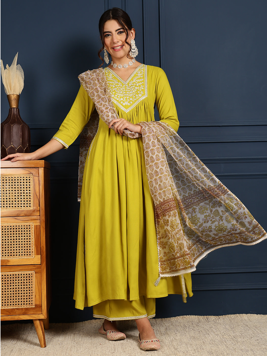 Lime Rayon Calf Length Solid Flared 3/4 Sleeves V-Neck Kurta Bottom Dupatta Set