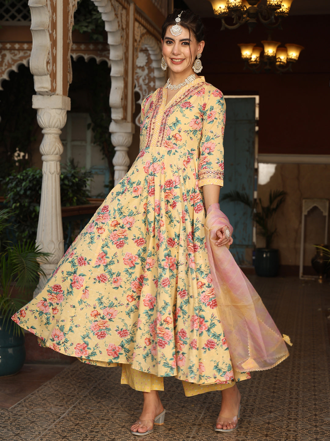 Yellow Cotton Calf Length Printed Flared 3/4 Sleeves V-Neck Kurta Suit Set