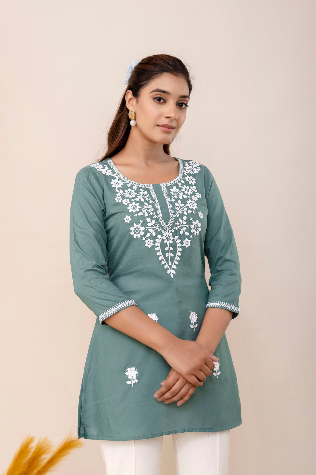 Grey Rayon Hip Length Round Neck A-Line Top