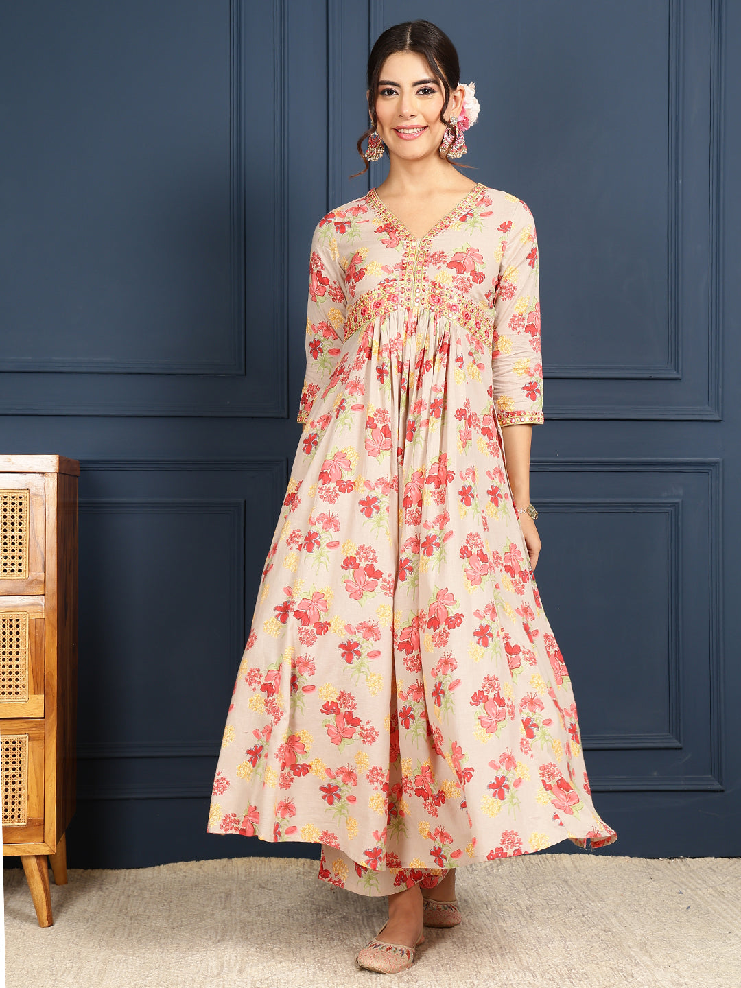 Cream Rayon Calf Length Printed Flared 3/4 Sleeves V-Neck Kurta Bottom Set