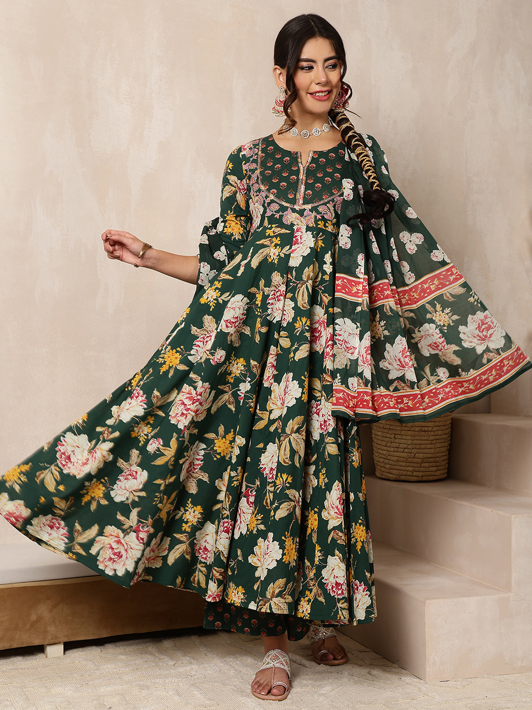 Green Cotton Calf Length Printed Flared 3/4 Sleeves Round Neck Kurta Bottom Dupatta Set