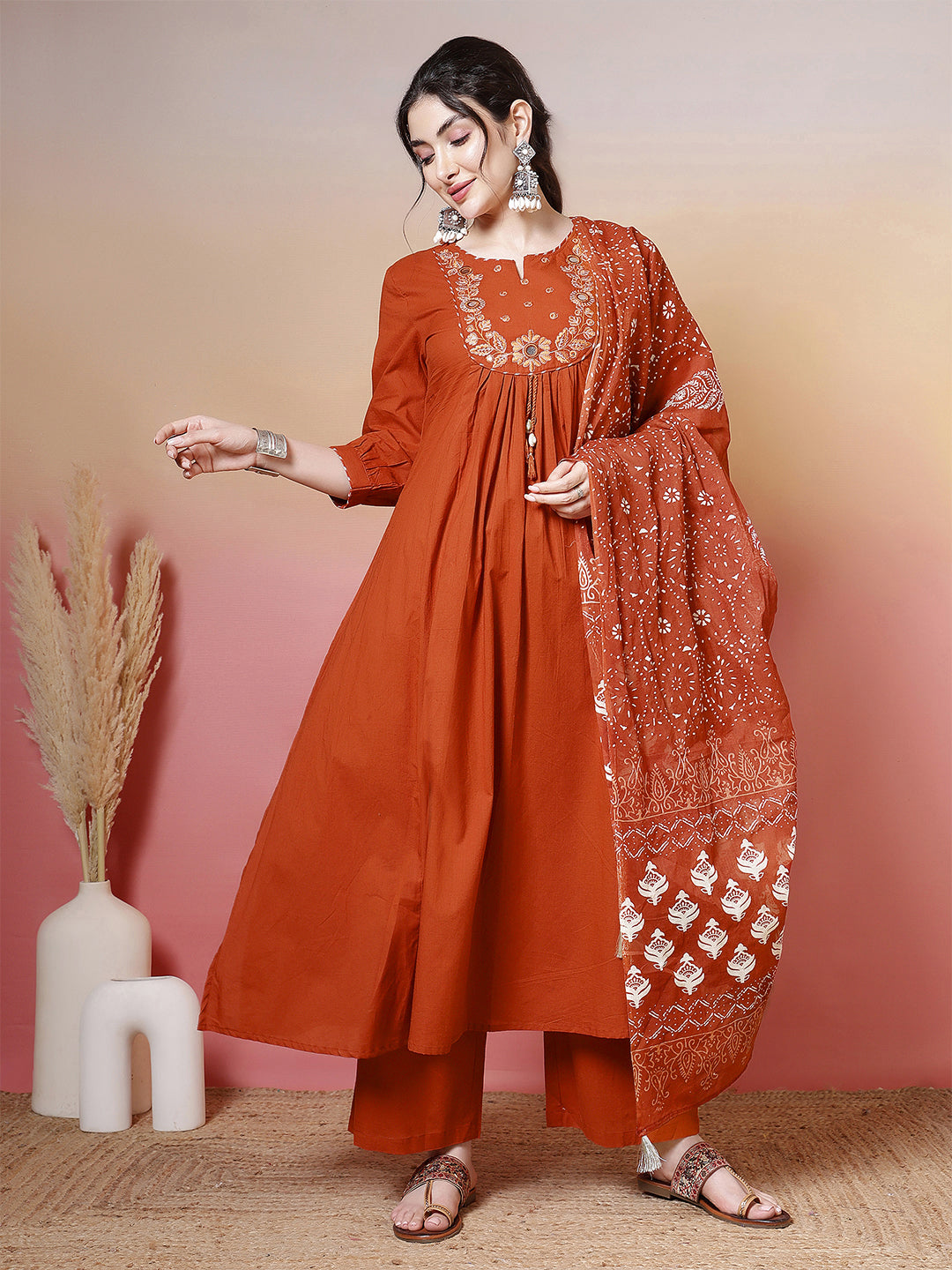 Rust Rayon Calf Length Solid 3/4 Sleeves Round Neck Flared Kurta Suit Set
