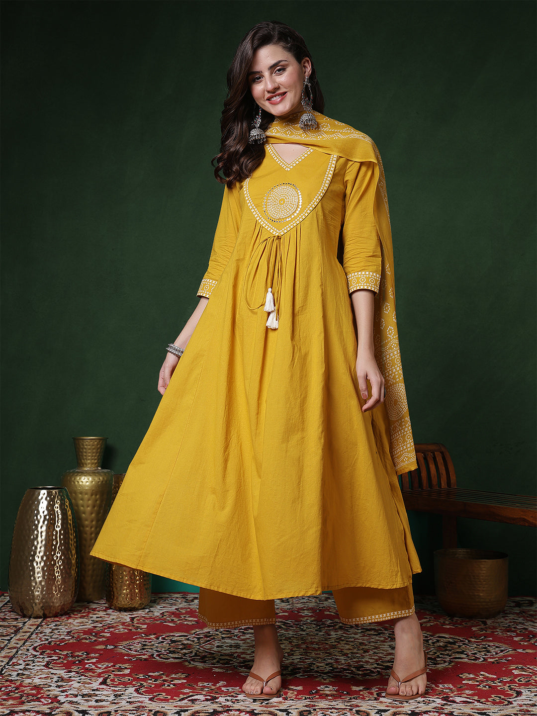Yellow Rayon Calf Length Solid 3/4 Sleeves V-Neck Semi-Flared Kurta Suit Set