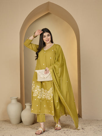 Green Cotton Calf Length Solid 3/4 Sleeves V-Neck A-Line Kurta Suit Set