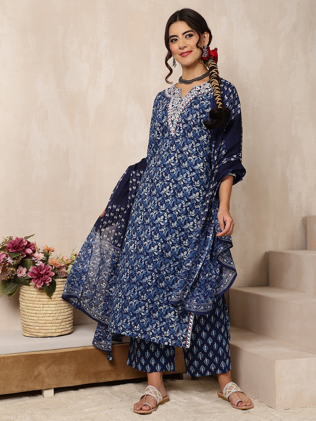 Indigo Cotton Calf Length Printed Straight 3/4 Sleeves V-Neck Kurta Bottom Dupatta Set