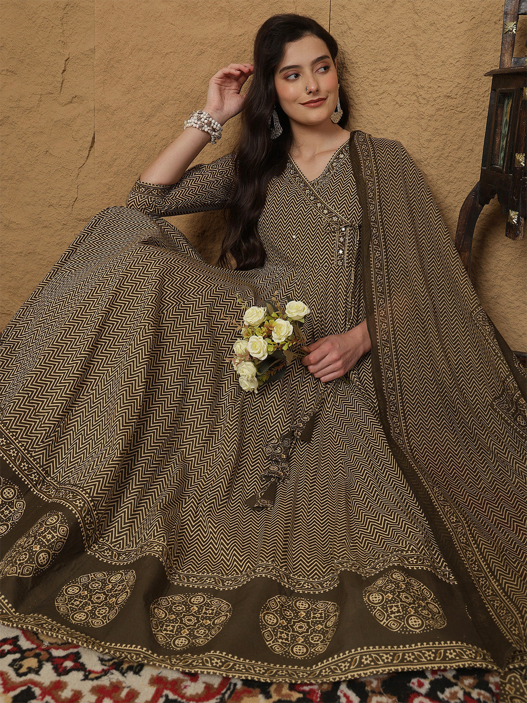 Green Cotton Calf Length Printed 3/4 Sleeves V-Neck Anarkali Kurta Suit Set