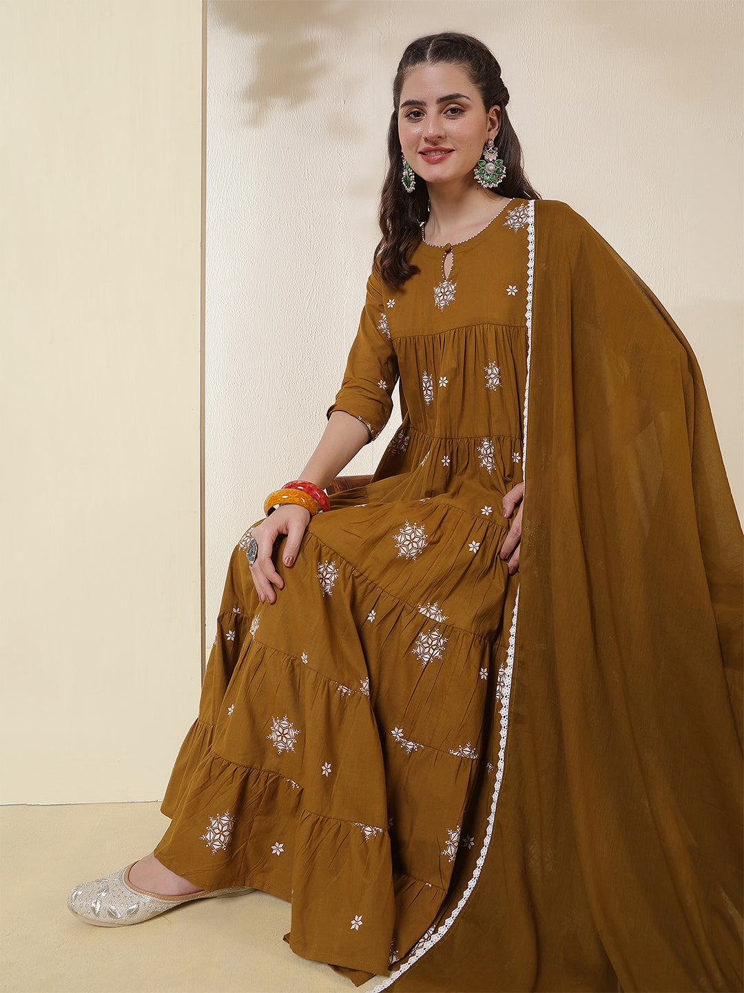 Mustard Cotton Calf Length Printed 3/4 Sleeves Key Hole Neck Anarkali Kurta Suit Set