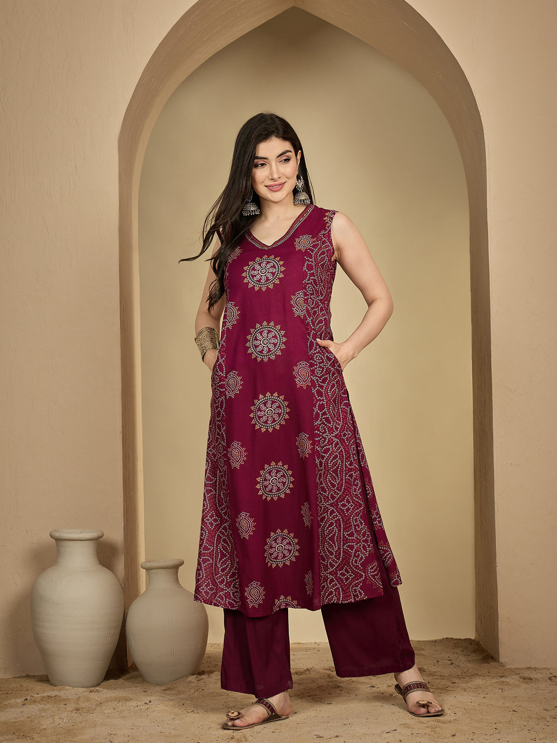 Wine Rayon Calf Length Printed Sleeveless V-Neck A-Line Kurta Suit Set