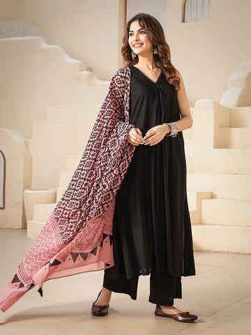 Black Rayon Calf Length Solid Sleeveless V-Neck A-Line Kurta Suit Set