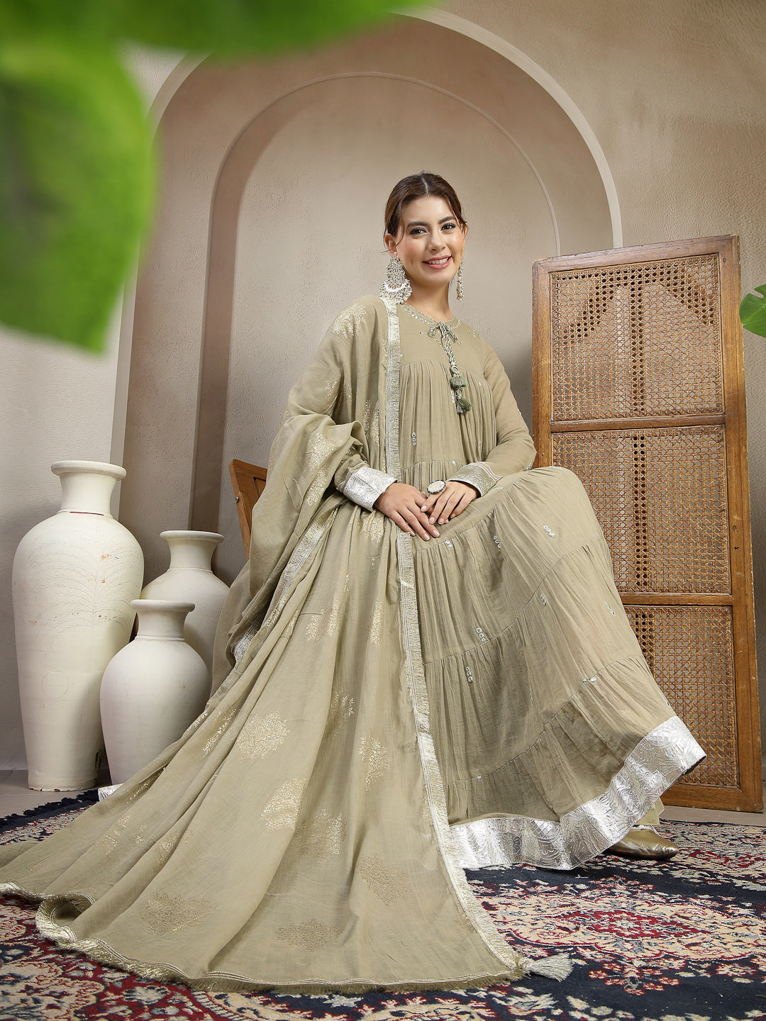 Mint Green Malmal Calf Length Solid Full Sleeve Key Hole Neck Anarkali Kurta Suit Set