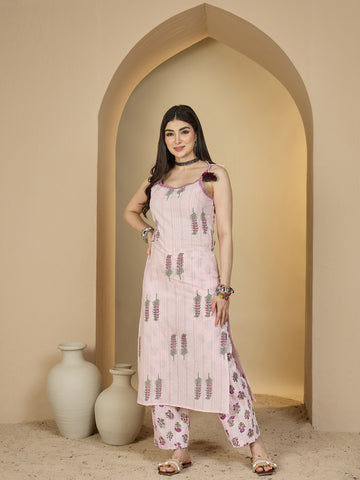 Purple Rayon Calf Length Printed Sleeveless Strappy Straight Kurta Suit Set