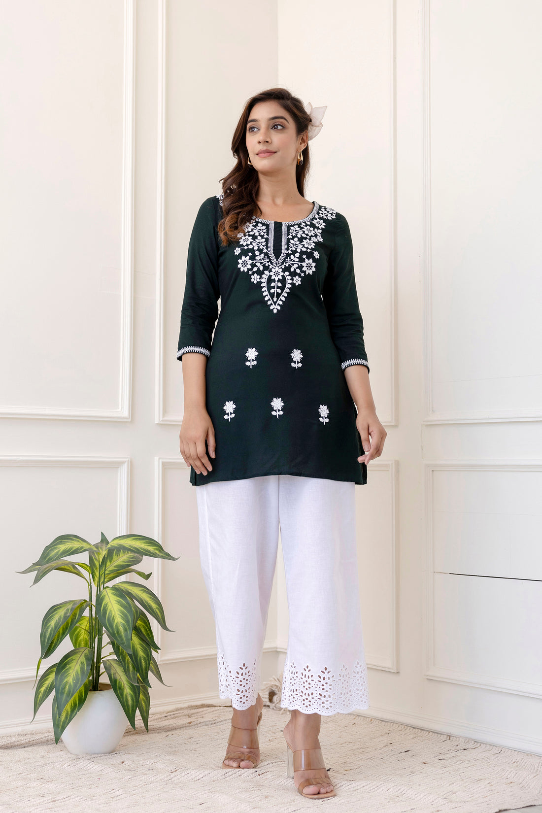 Bottle Green Rayon Hip Length Round Neck A-Line Top