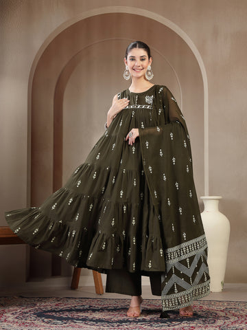 Olive Cotton Calf Length Printed Sleeveless Round Neck Flared Kurta Suit Set