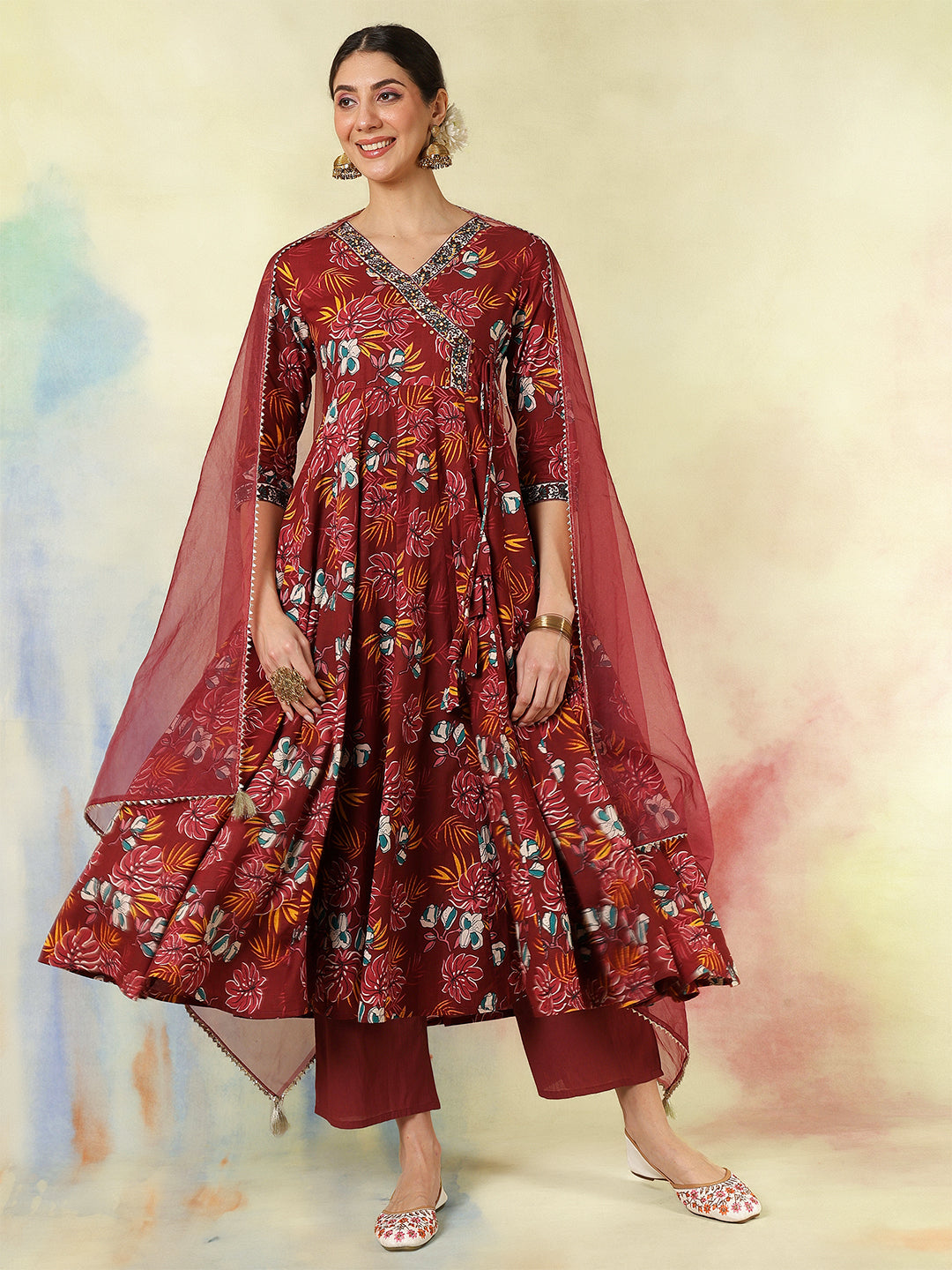 Maroon Cotton Calf Length Printed Embroidered 3/4 Sleeves V-Neck Kurta Suit Set