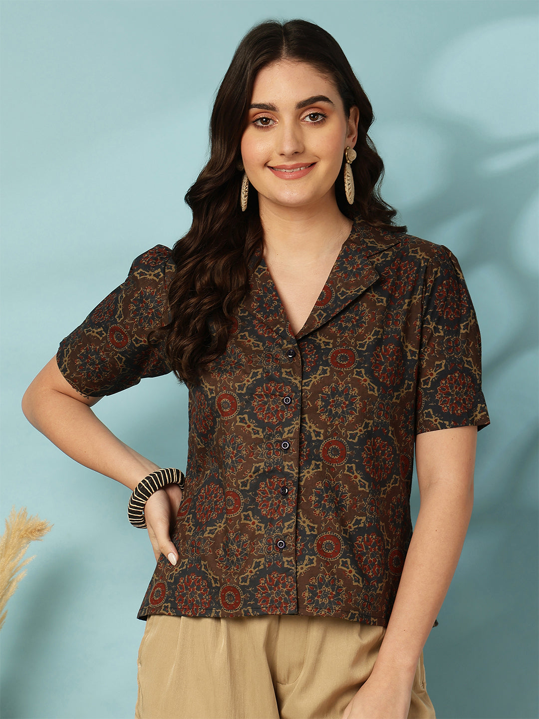 Blue Women Printed Short sleeve Regular Pure Cotton Top