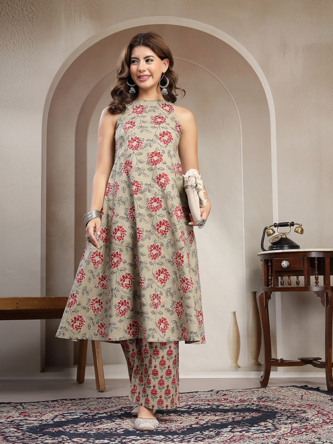 Kashish Cotton Calf Length Printed Sleeveless Round Neck Flared Kurta Suit Set