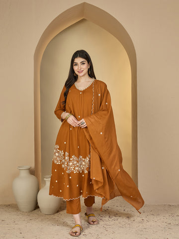 Rust Cotton Calf Length Solid 3/4 Sleeves V-Neck A-Line Kurta Suit Set