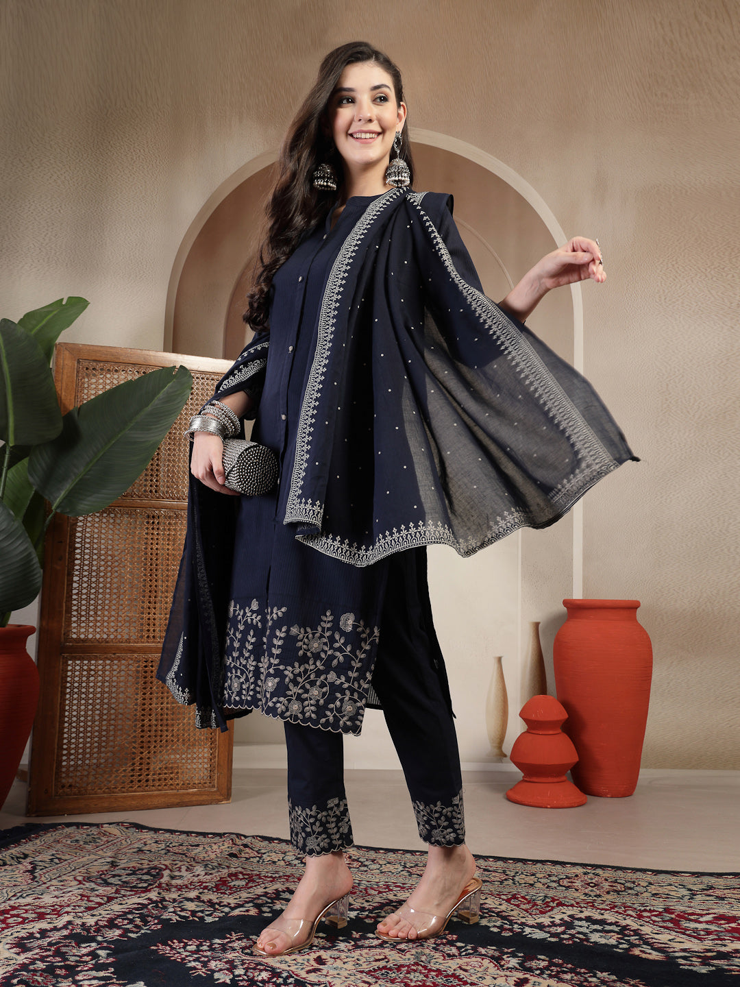 Navy Cotton Calf Length Solid 3/4 Sleeve Mandarin Collar Straight Kurta Suit Set