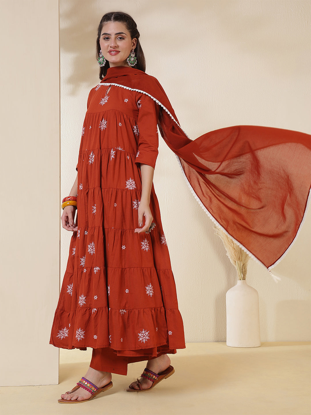 Rust Cotton Calf Length Printed 3/4 Sleeves Key Hole Neck Anarkali Kurta Suit Set