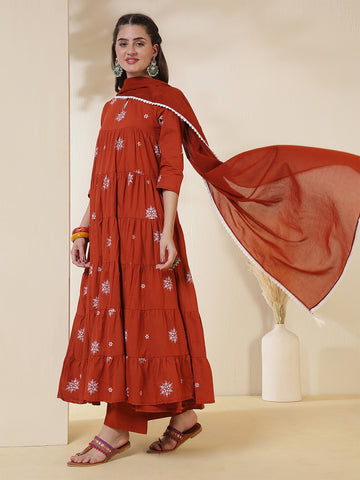 Rust Cotton Calf Length Printed 3/4 Sleeves Key Hole Neck Anarkali Kurta Suit Set
