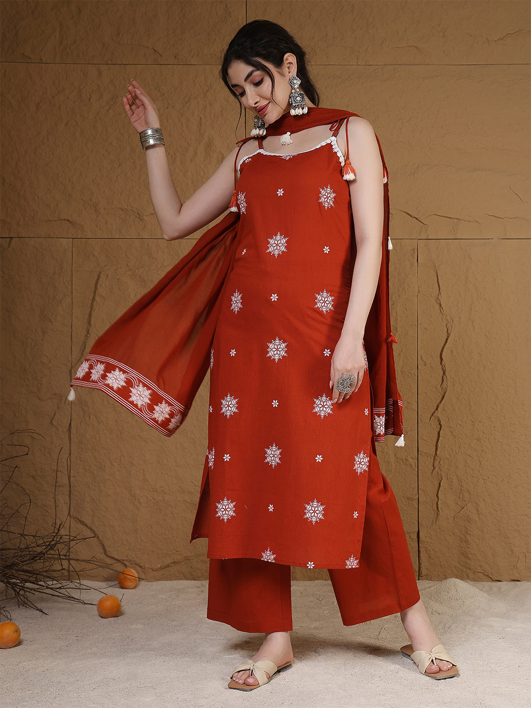 Rust Rayon Calf Length Printed Sleeveless Round Neck Straight Kurta Suit Set