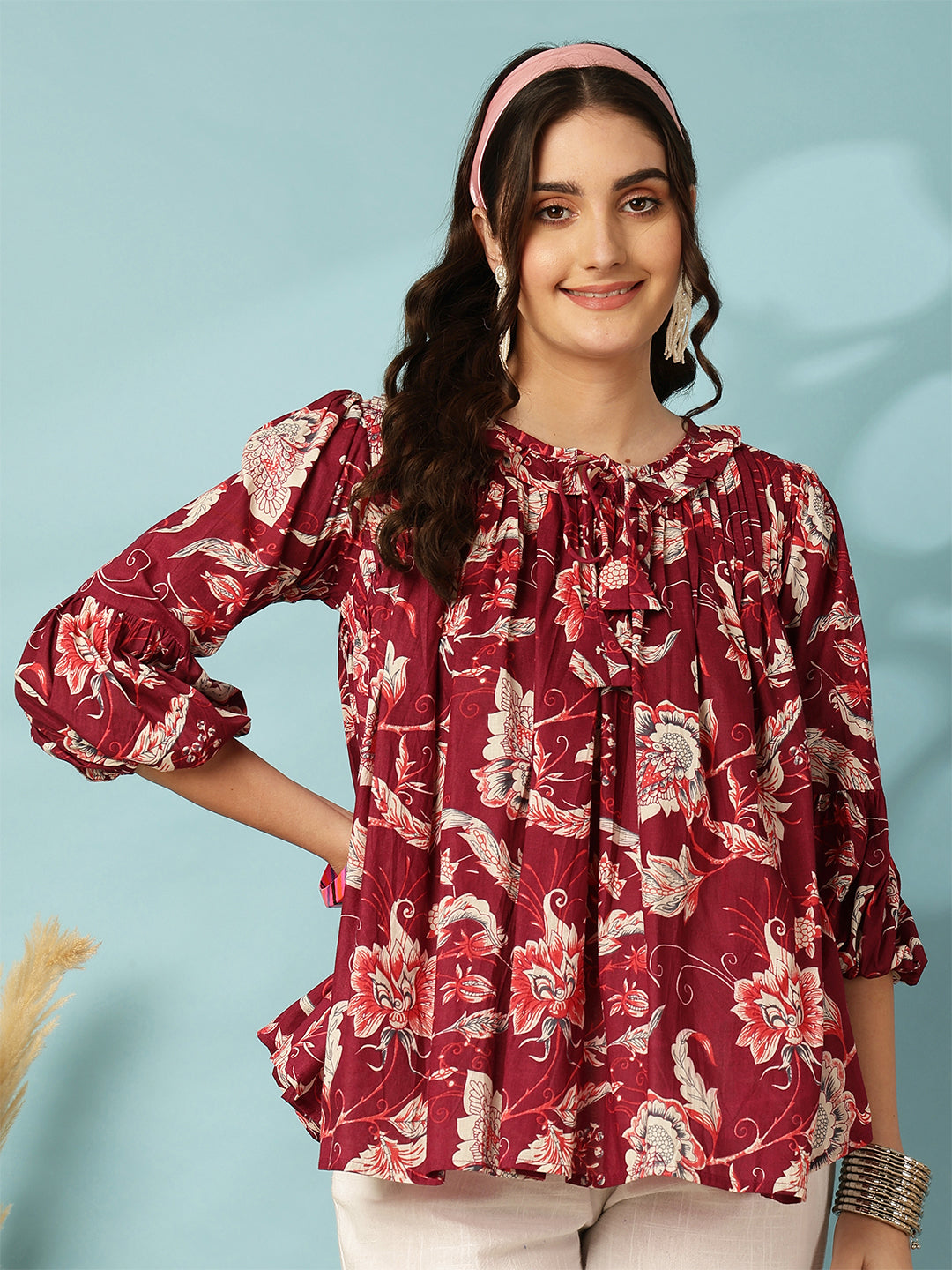 Red Women Printed 3/4 Sleeves Regular Pure Cotton Top