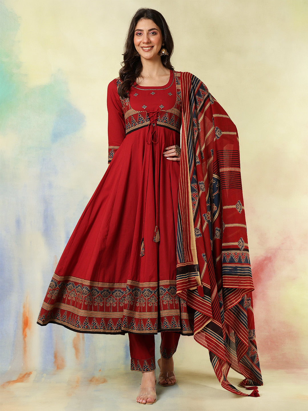 Maroon Cotton Calf Length Printed Embroidered A-Line 3/4 Sleeves Round Neck Kurta Suit Set