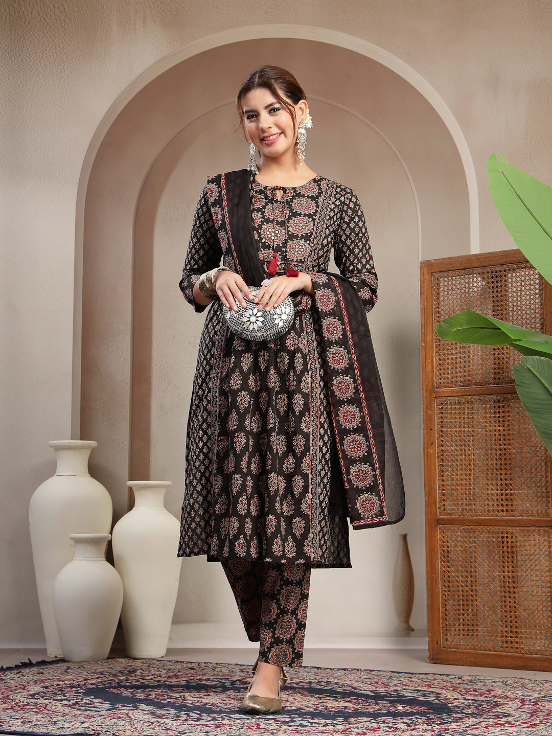 Black Cotton Calf Length Printed 3/4 Sleeve Key Hole Neck Flared Kurta Suit Set