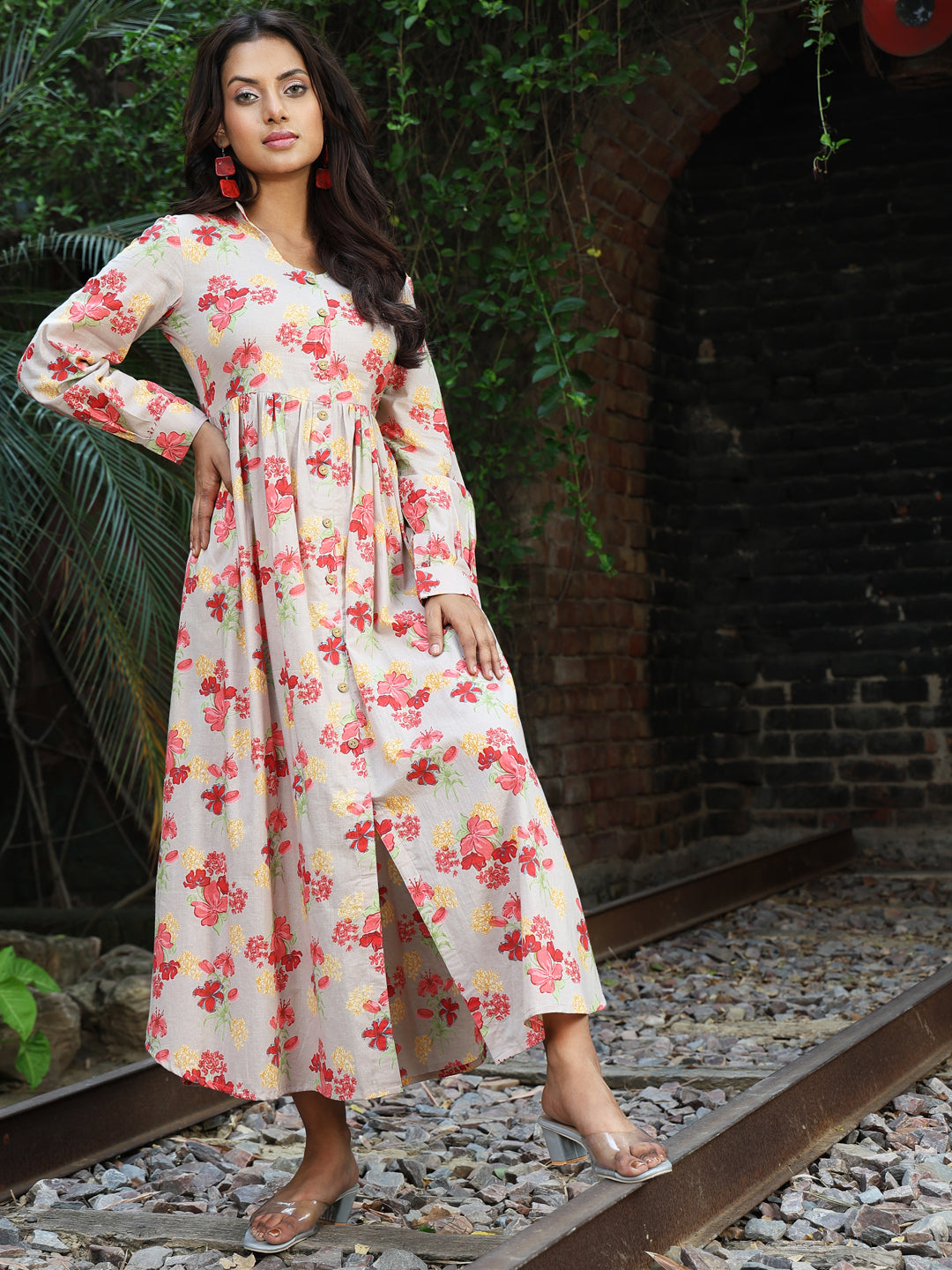 Beige Cotton Calf Length Printed A-Line Full Sleeves Coller Kurta