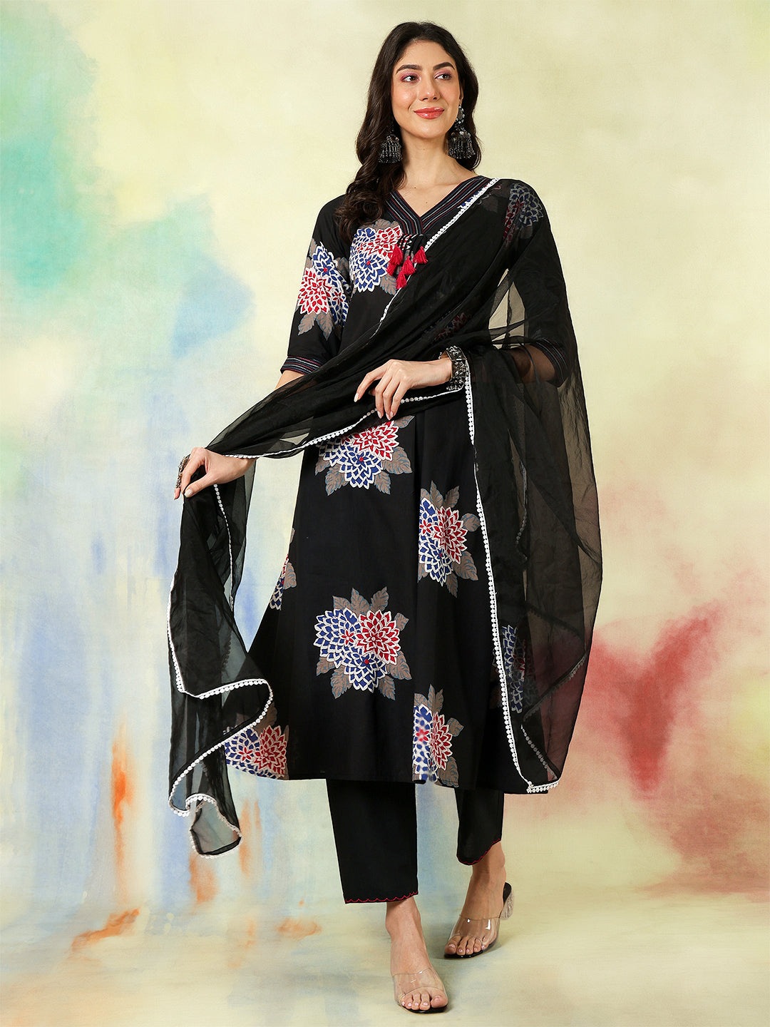 Black Rayon Calf Length Printed A-Line  3/4 Sleeves V-Neck Kurta Suit Set