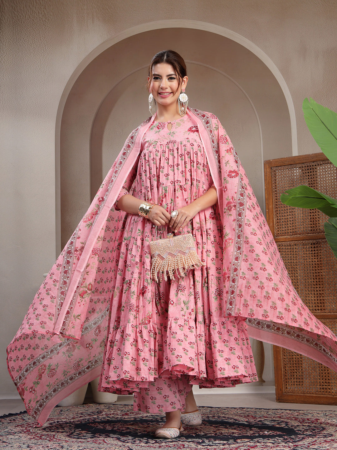 Pink Cotton Calf Length Printed 3/4 Sleeve Key Hole Neck Flared Kurta Suit Set